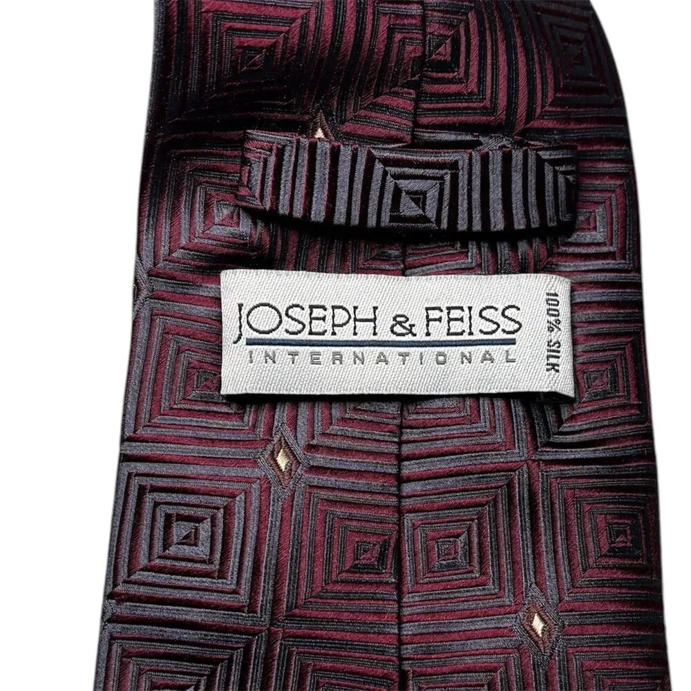 Joseph & Feiss Silk Tie Blue Burgundy Geometric Square Pattern Business Formal